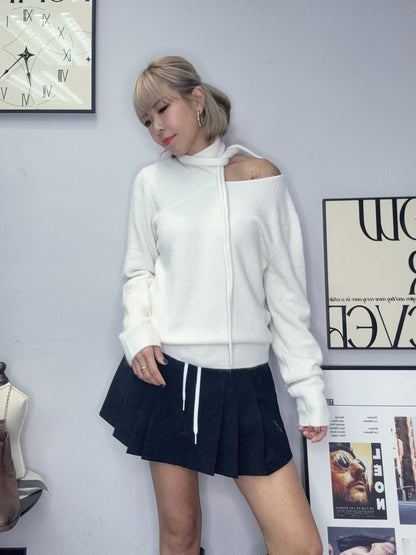 Tie collar wool top #00085