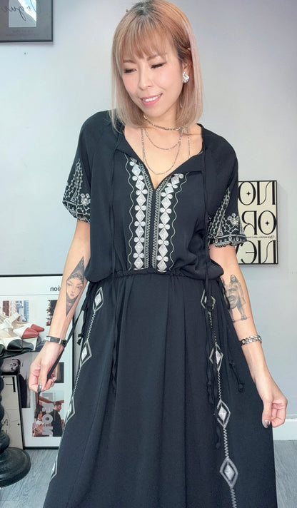 (Only one)Ethnic pattern puff sleeves chiffon one piece #00724