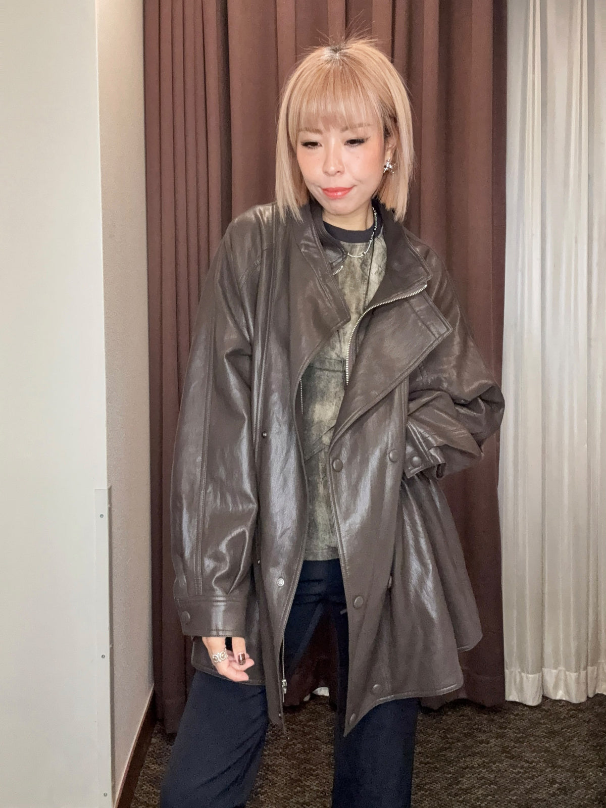 Double collar faux leather outer #00992
