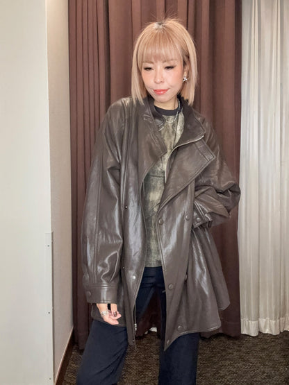 Double collar faux leather outer #00992