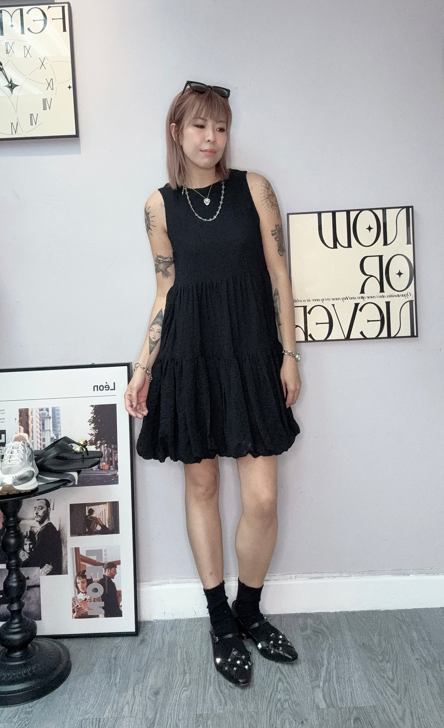Puff hem vest short dress #00449