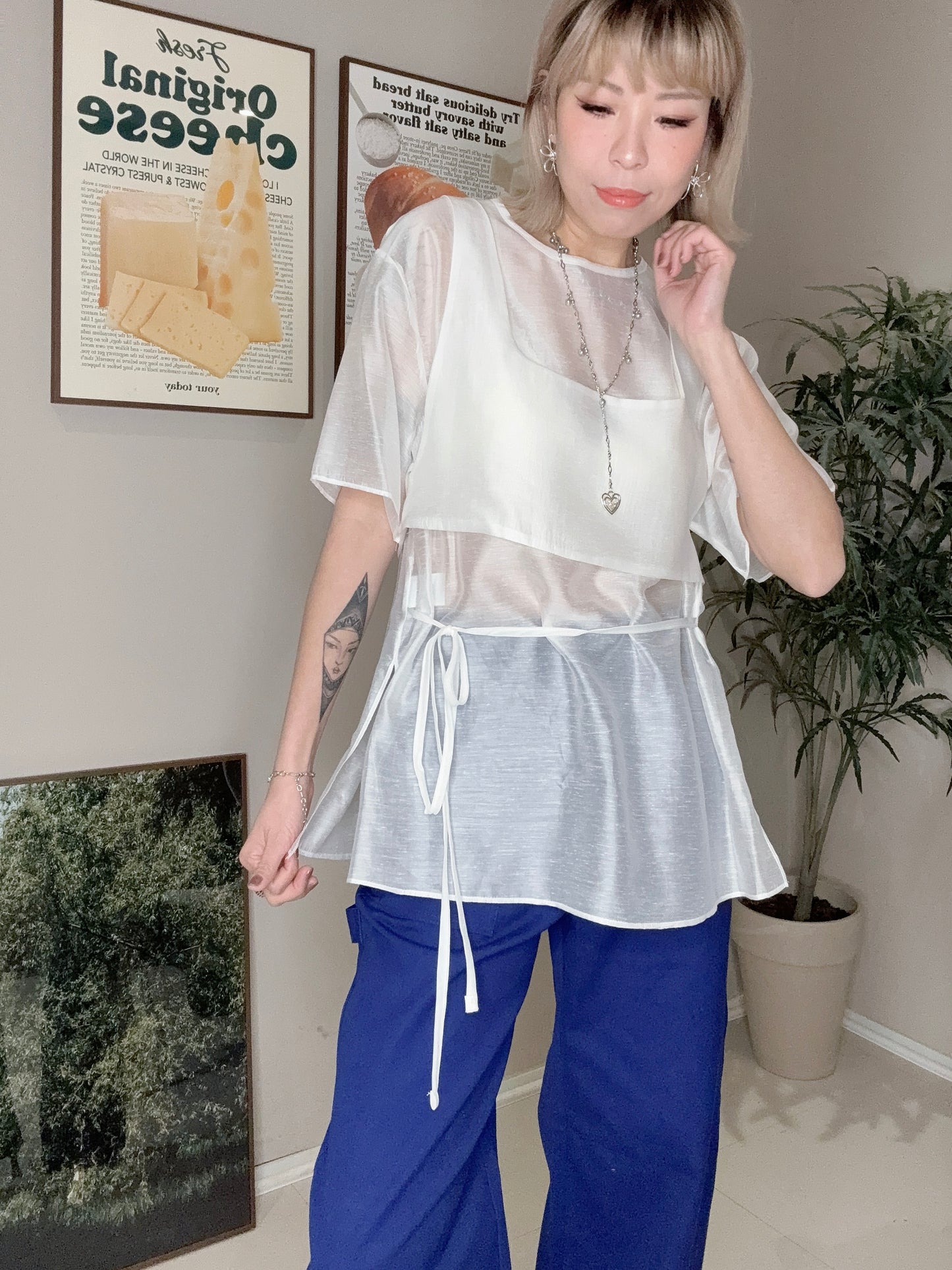 (🏷️30%off）With string fake two pieces see through top #00379