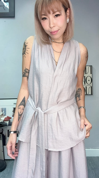V neck tie waist tank set #00720