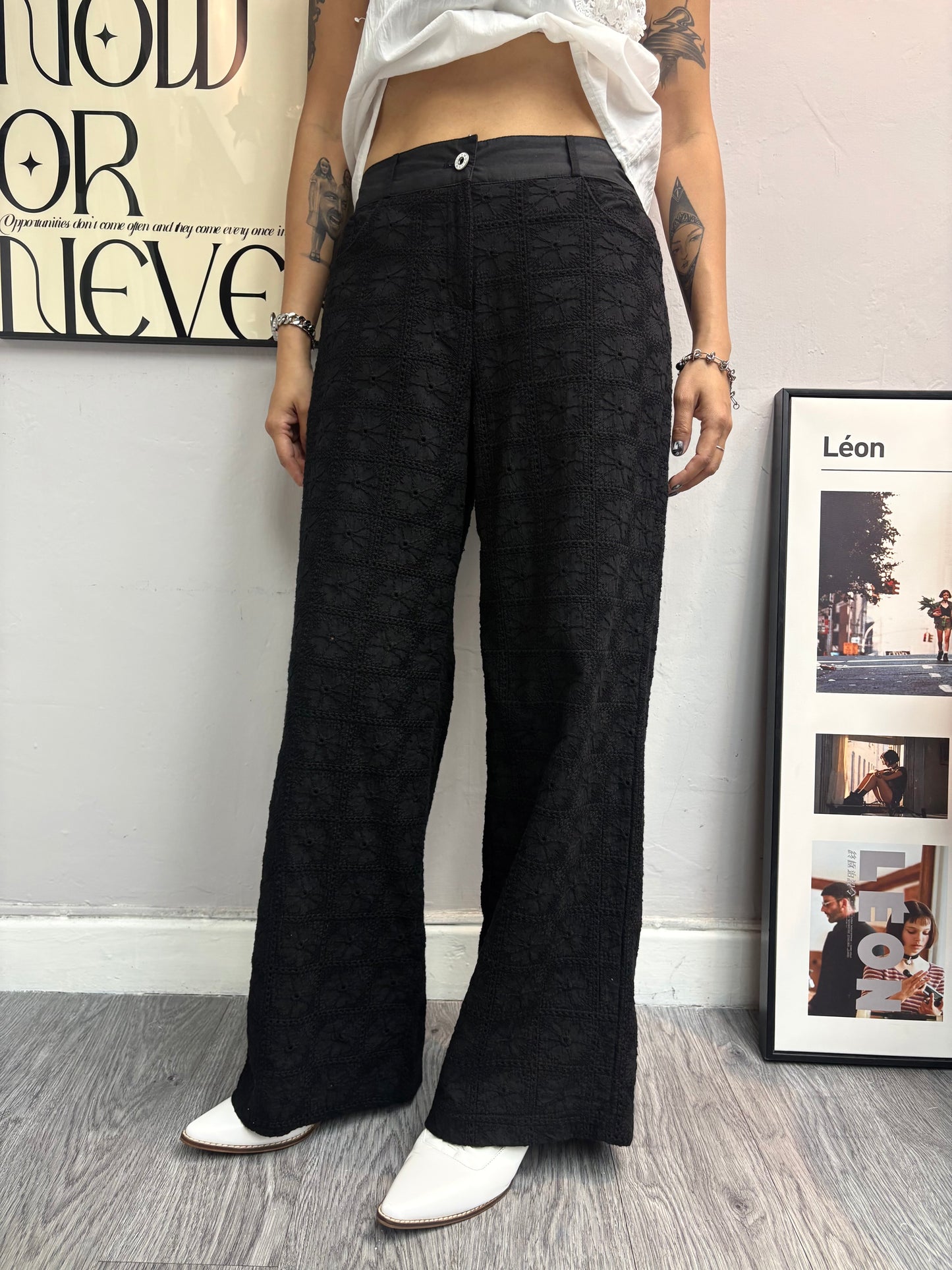 Embroidery lace half elastic pants #00472