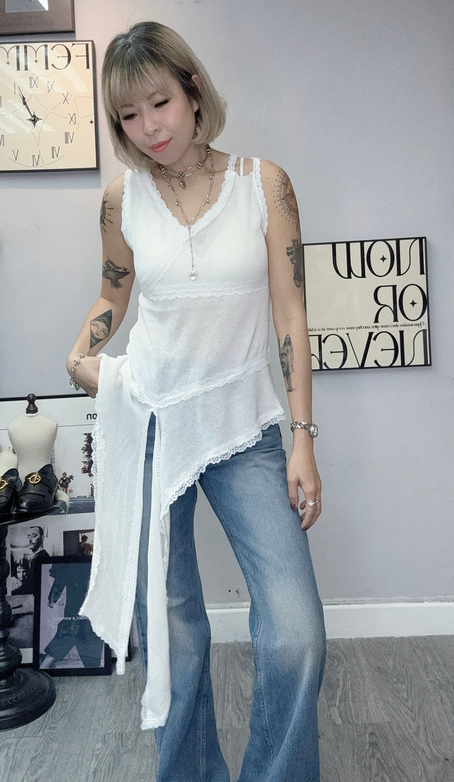 V neck lace irregular hem knit vest top #00356