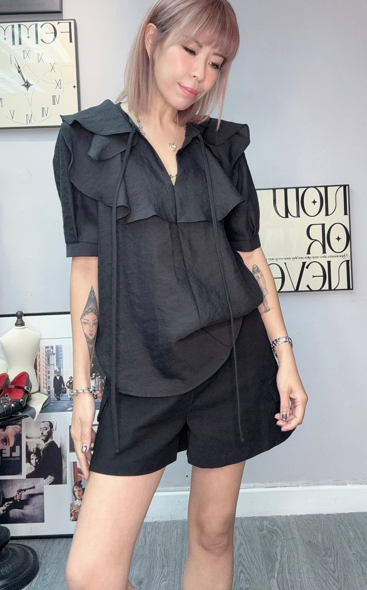 Front tie ruffle collar blouse #00585