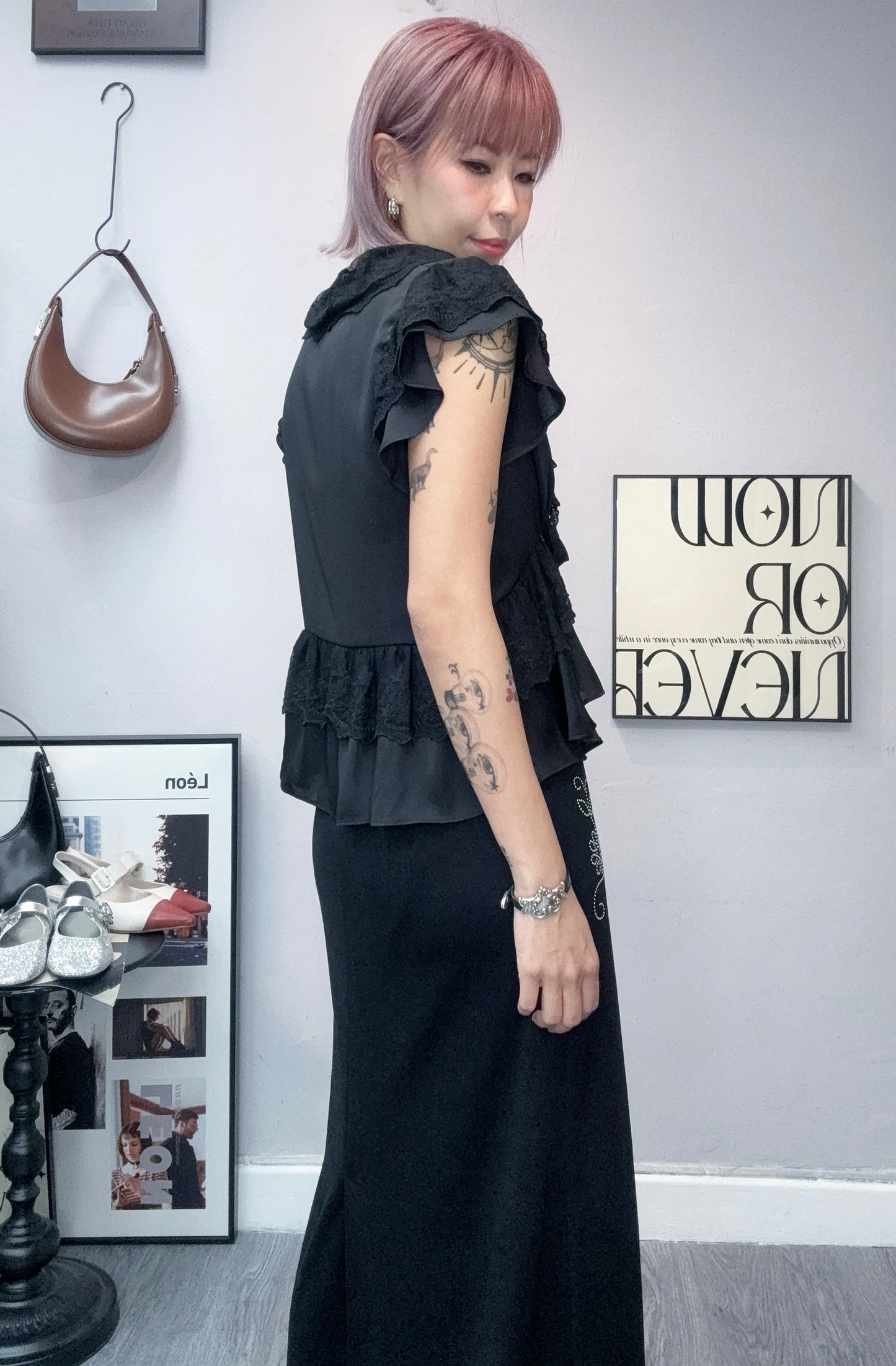 Chiffon X lace trim blouse #00818