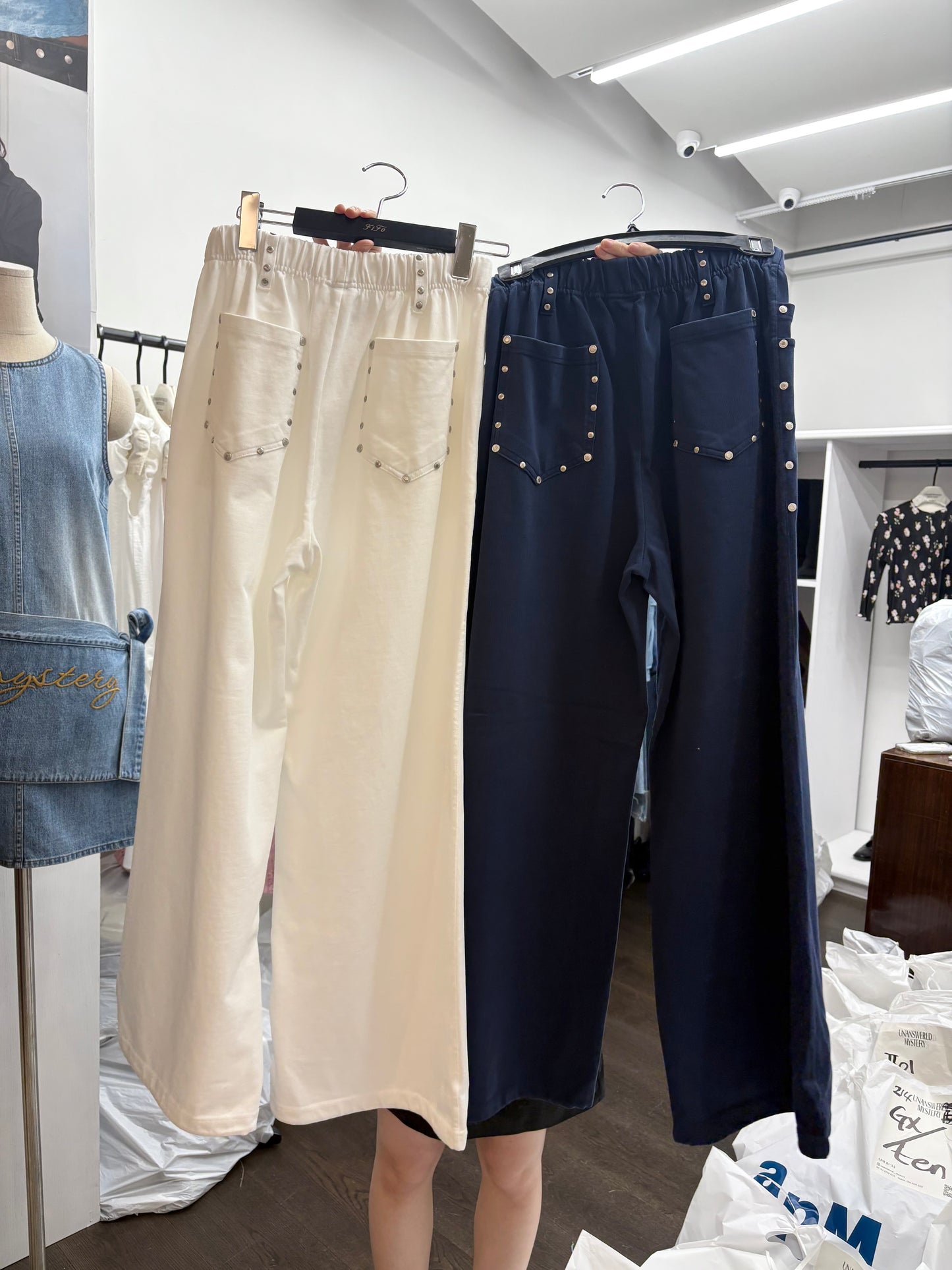 With beads pockets cotton pants #00809