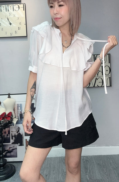 Front tie ruffle collar blouse #00585