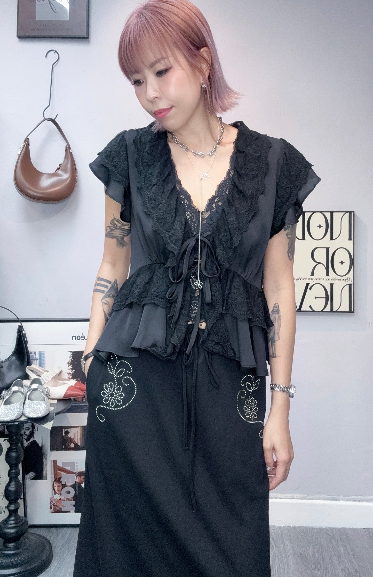 Chiffon X lace trim blouse #00818