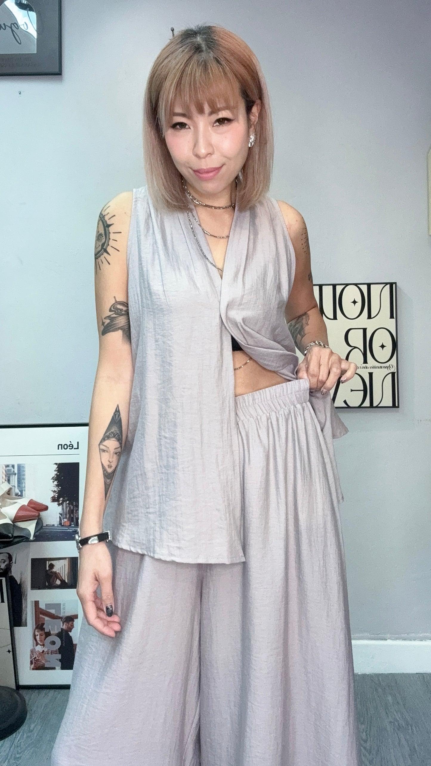 V neck tie waist tank set #00720