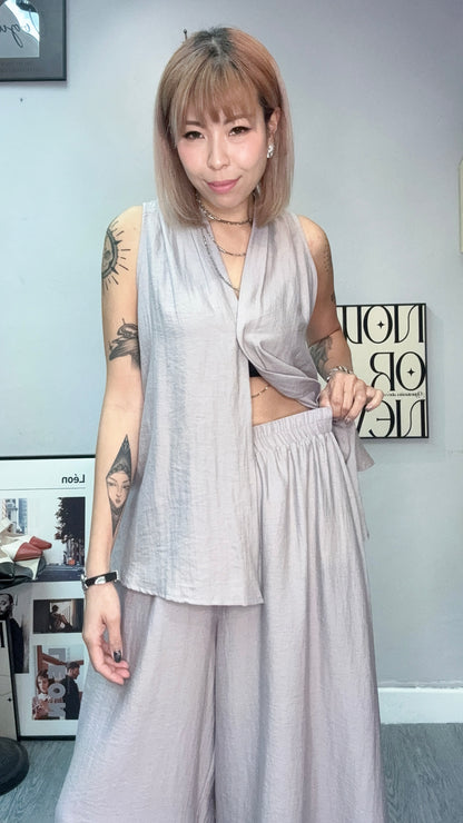V neck tie waist tank set #00720