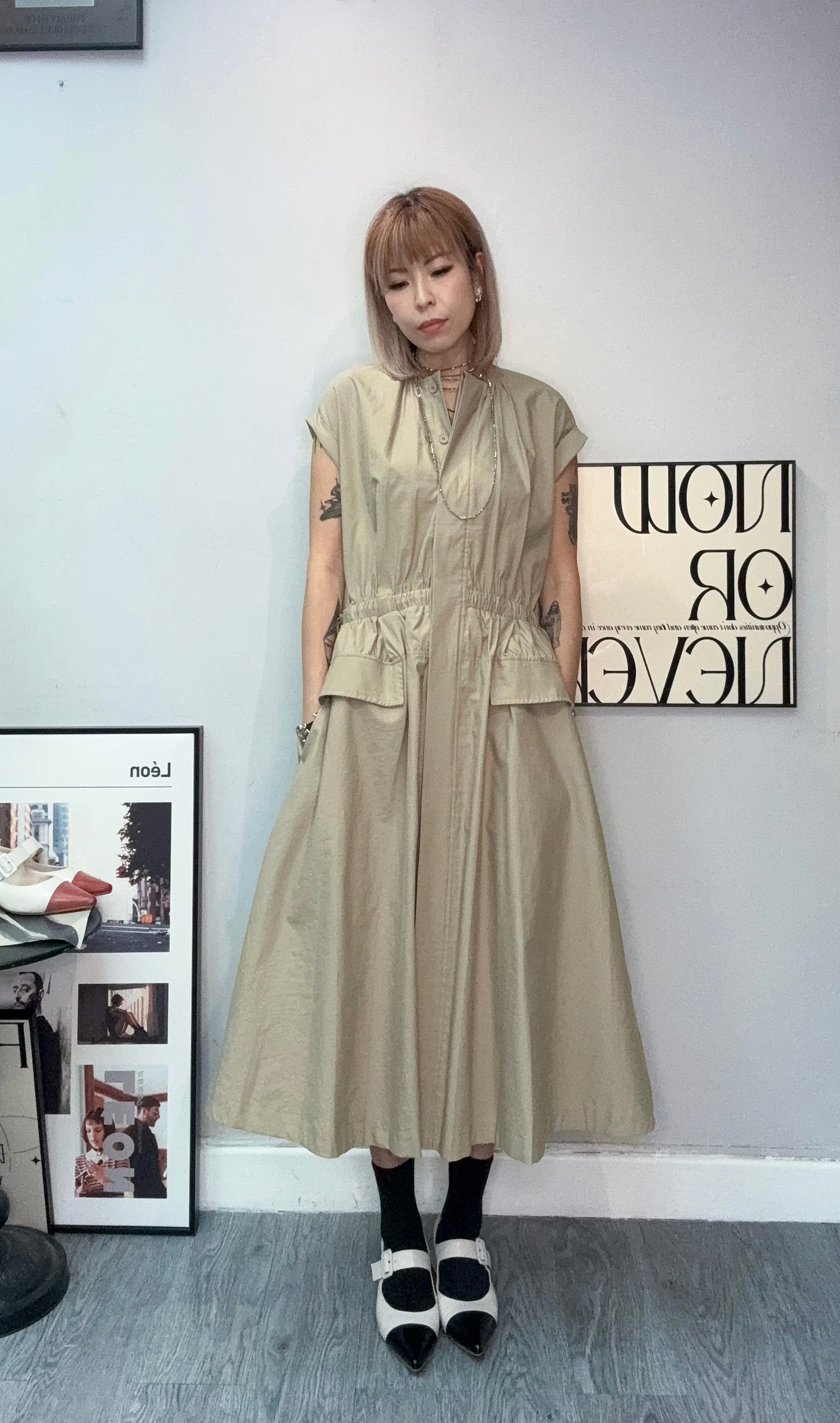 Front pockets cap sleeves one piece #00718