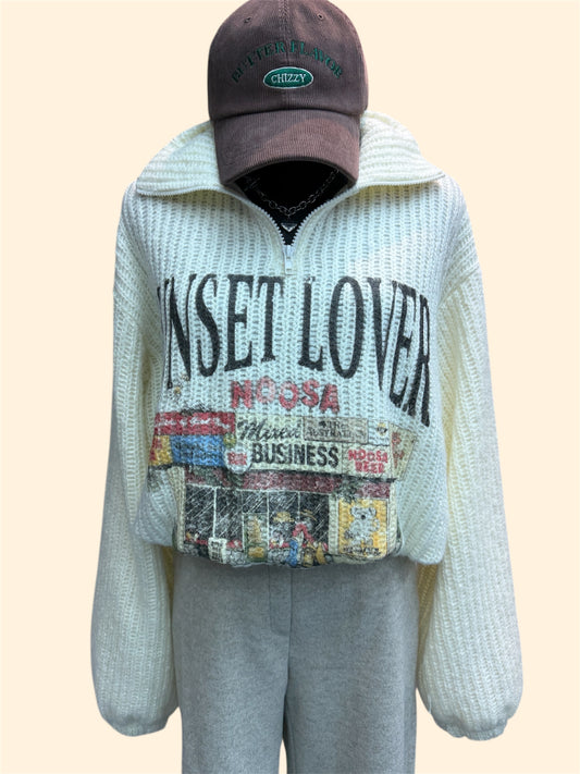 Stand collar printed wool knit top #00024