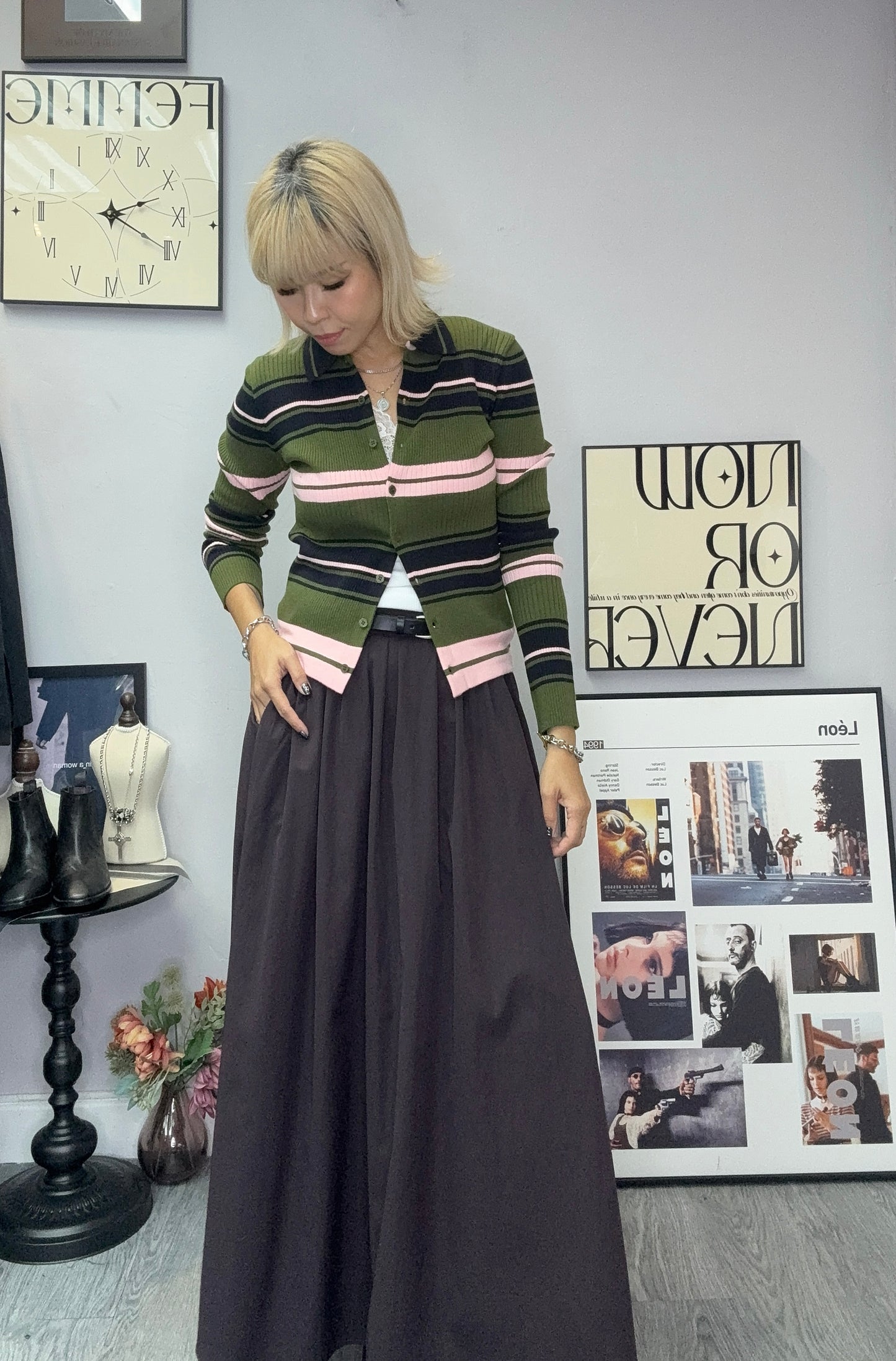 Striped fine knit cardigan