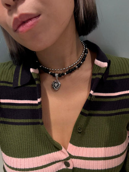 Silver heart X beaded necklace set