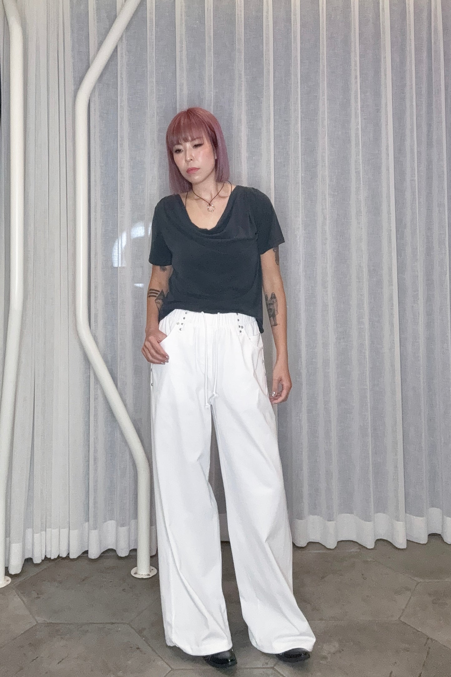 With beads pockets cotton pants #00809