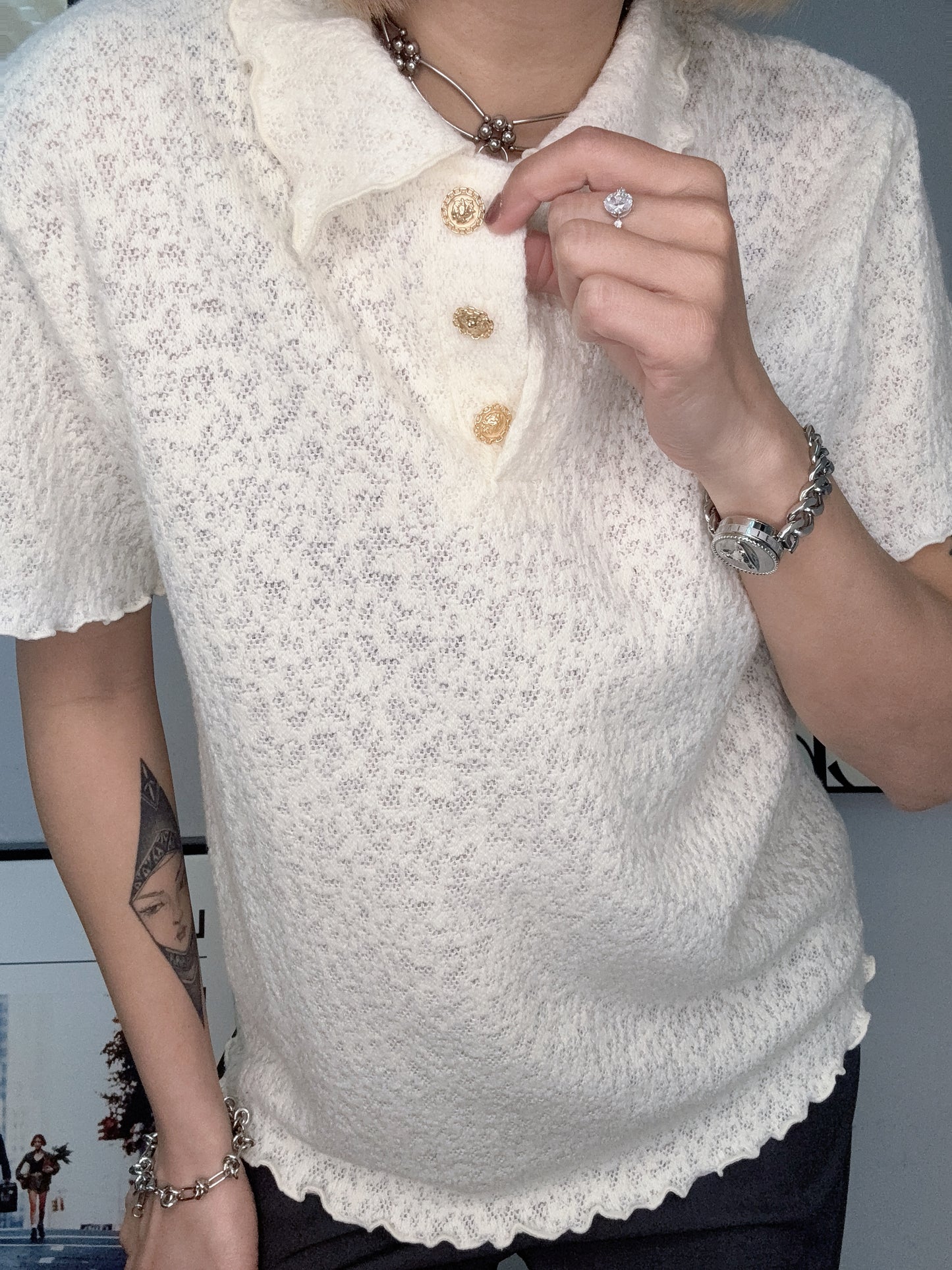 Gold buttons full lace polo top #00198