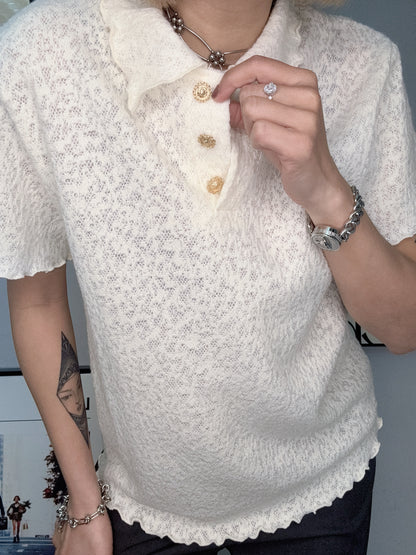 Gold buttons full lace polo top #00198