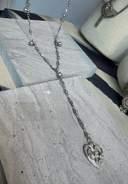 Silver tulip heart long necklace