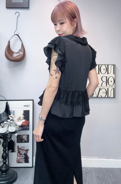 Chiffon X lace trim blouse #00818