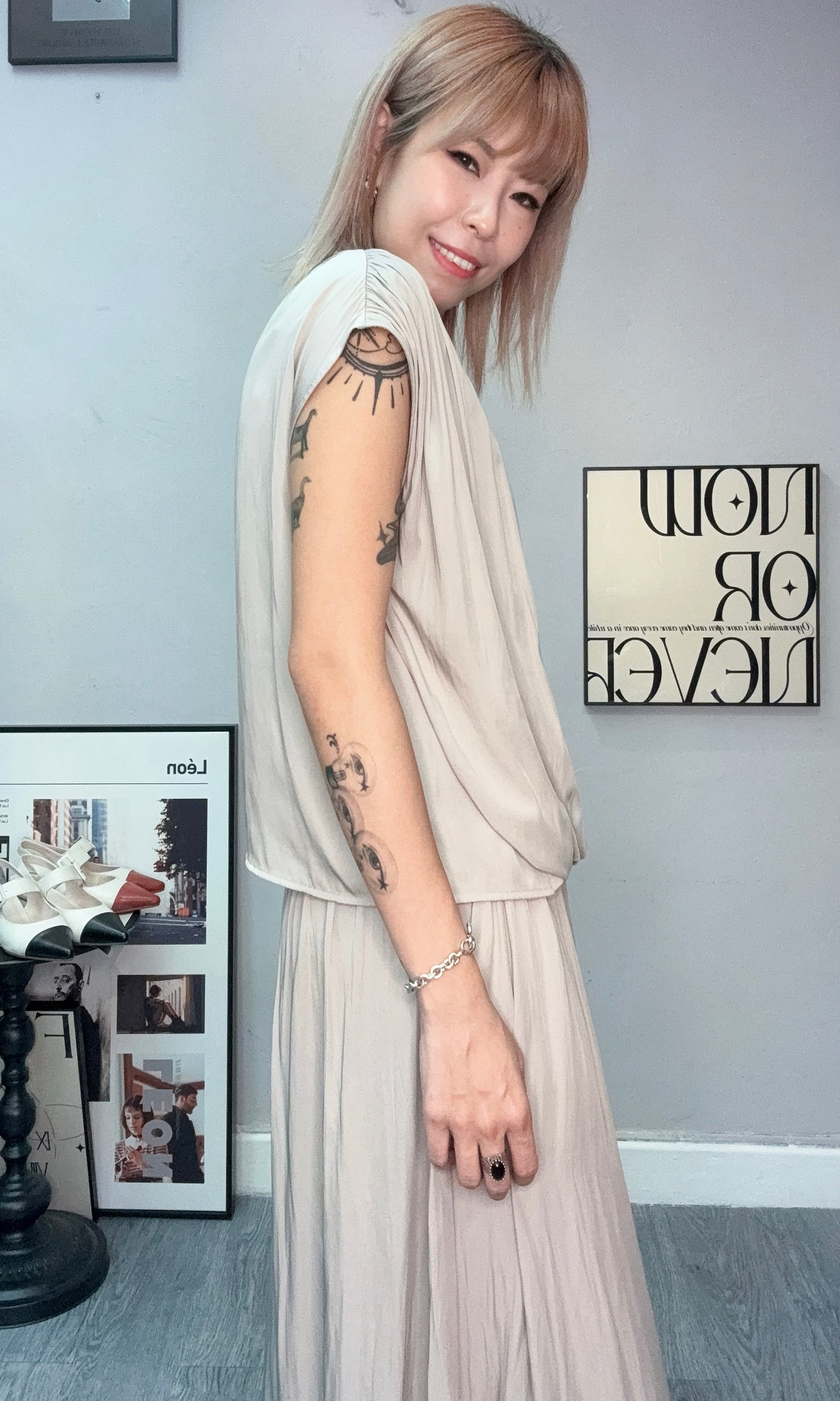 Puff hem silky cap sleeves top #00750