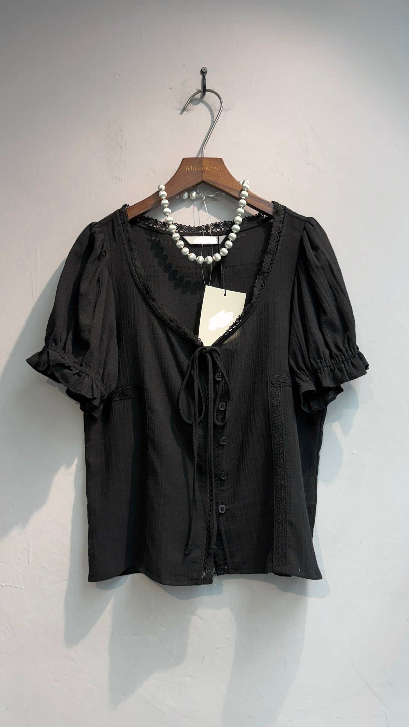 Puff short sleeves lace trim shirt #00653