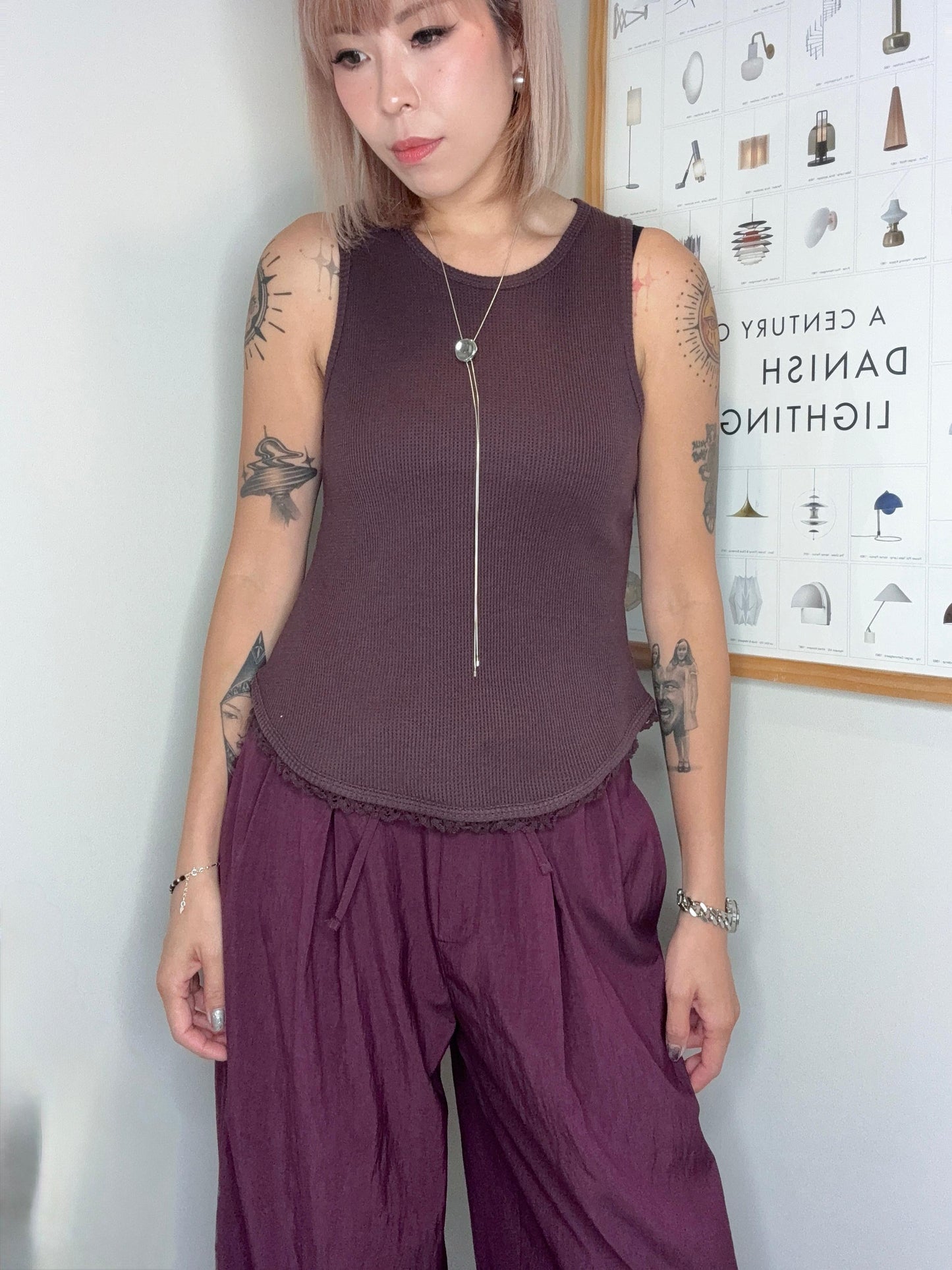Waffle pattern embroidery hem tank #00700