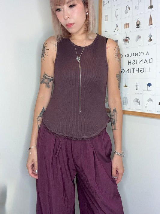 Waffle pattern embroidery hem tank #00700