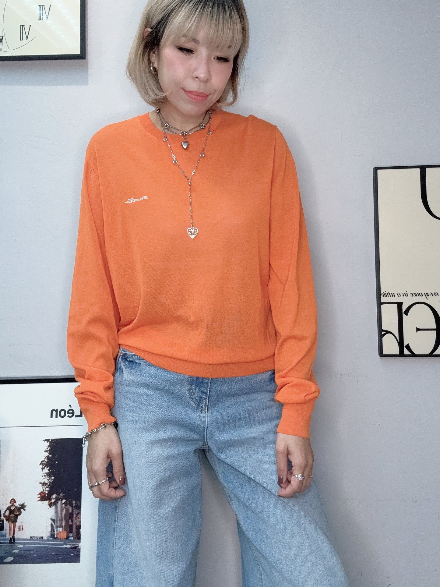 Round neck white logo knit top #00343