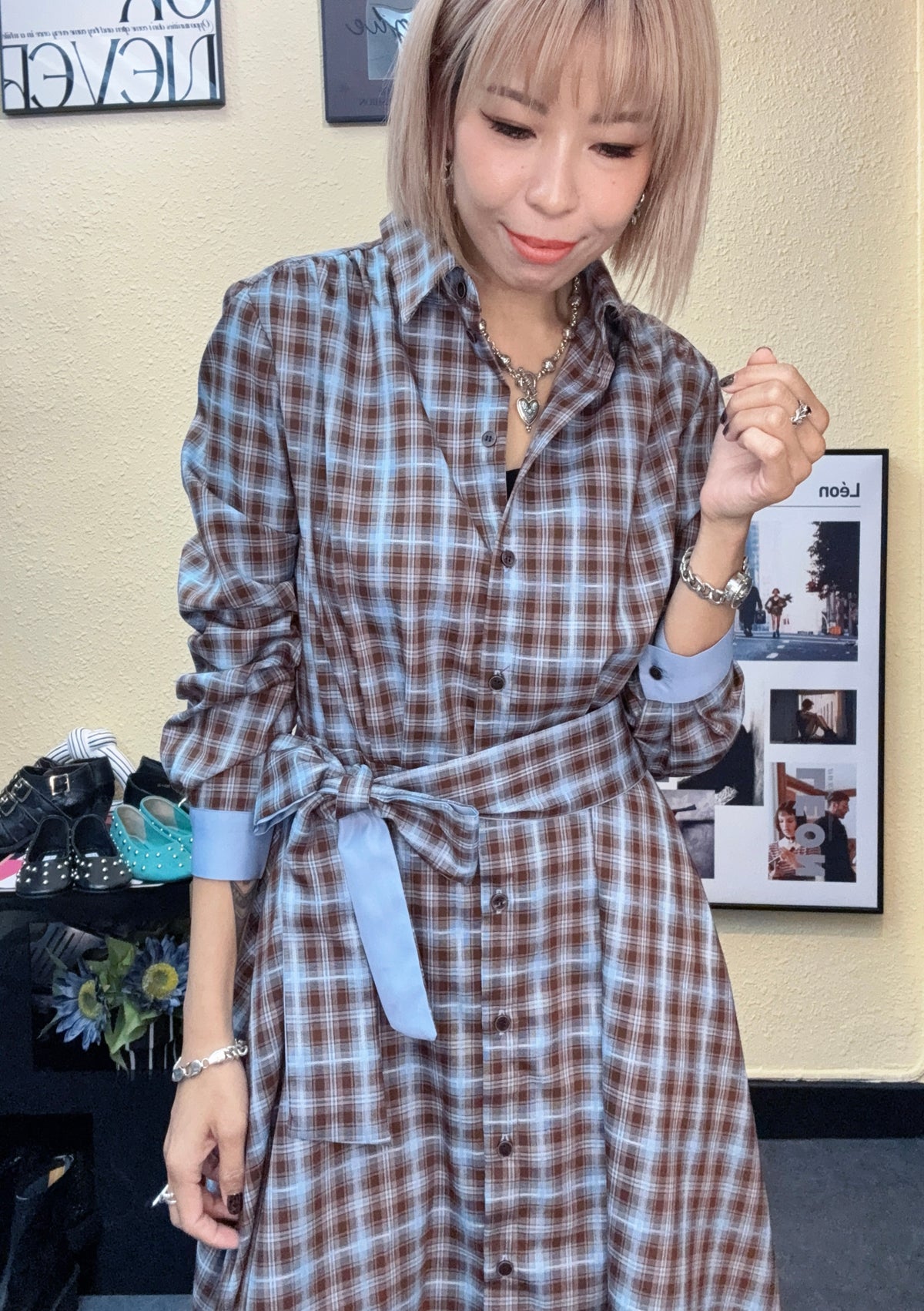 Checkered silky shirt collar one piece #00977