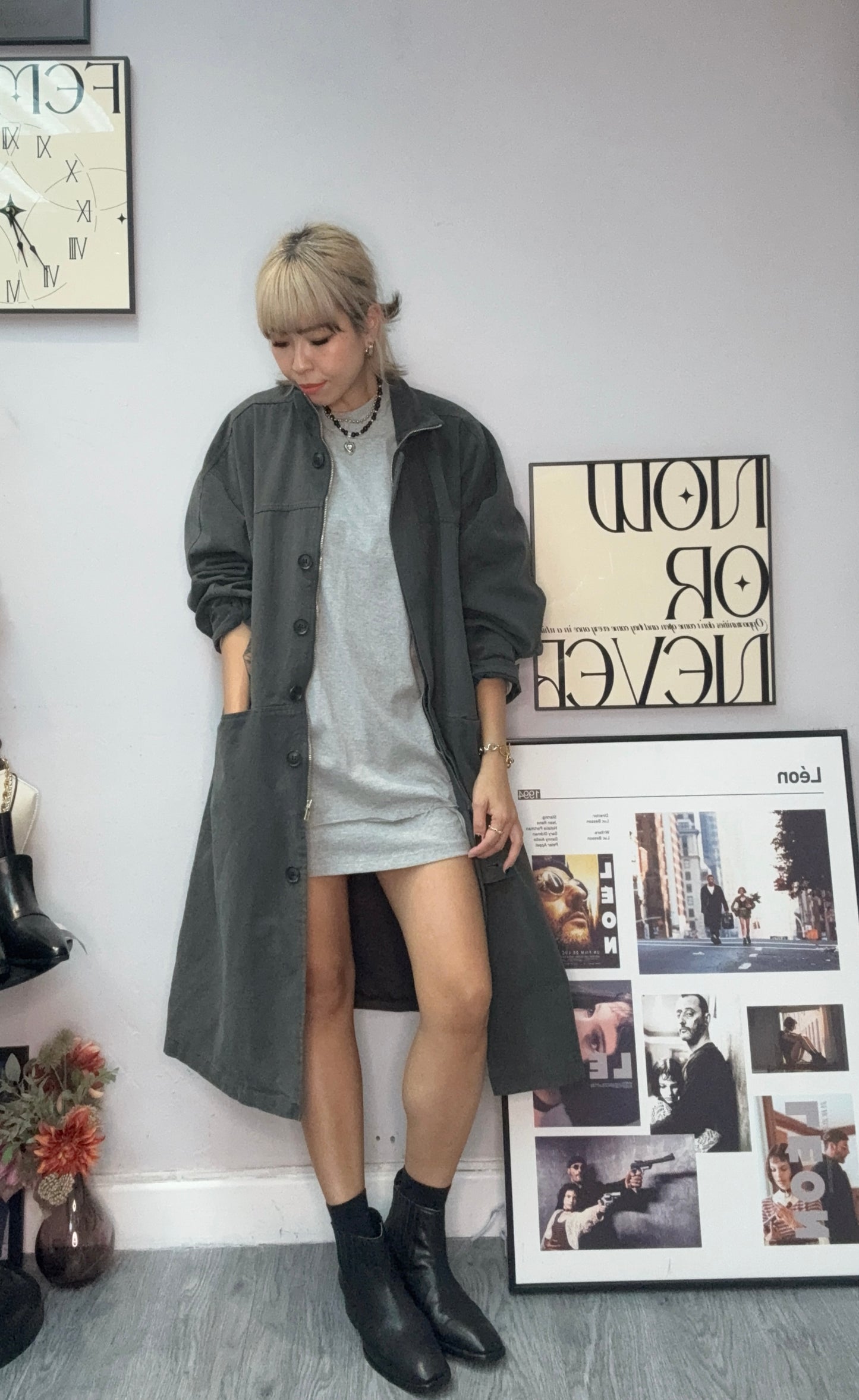 Plain zip long jacket #00053