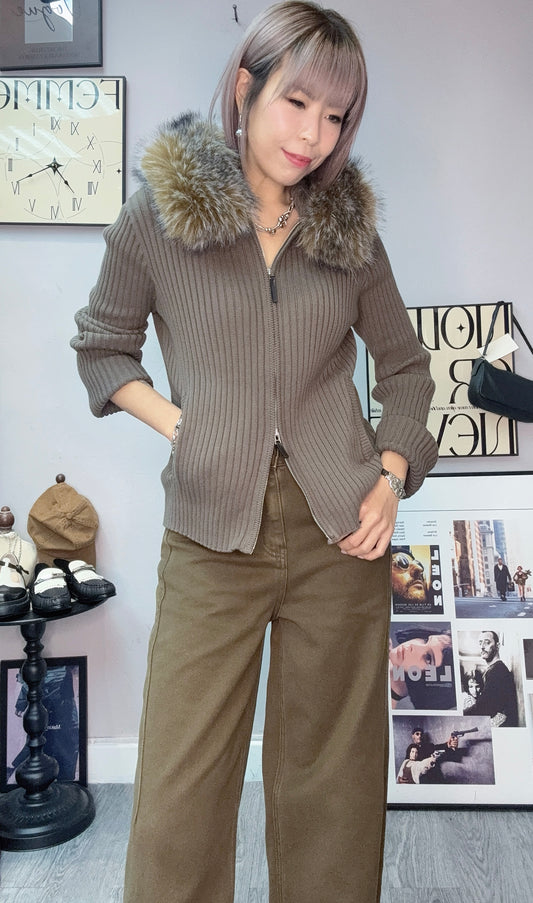 Fur collar with hat cotton cardigan #00238