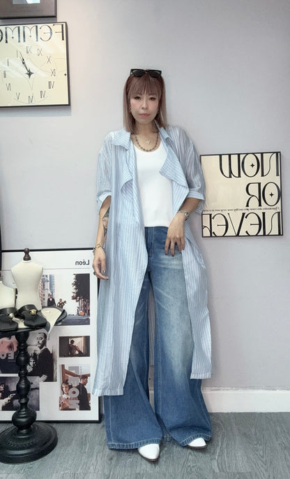 Striped short sleeves long shirt #00603