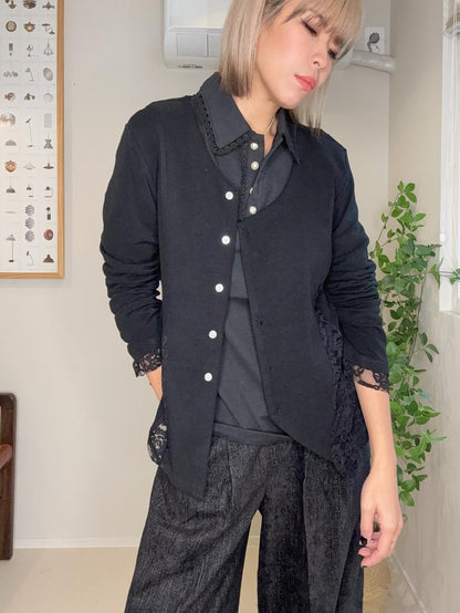 Pearl buttons polo lace collar top #00016