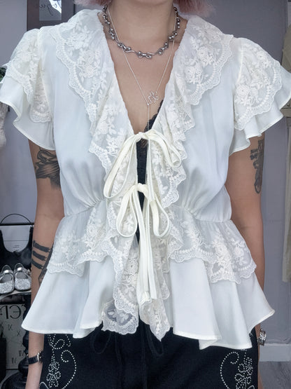 Chiffon X lace trim blouse #00818