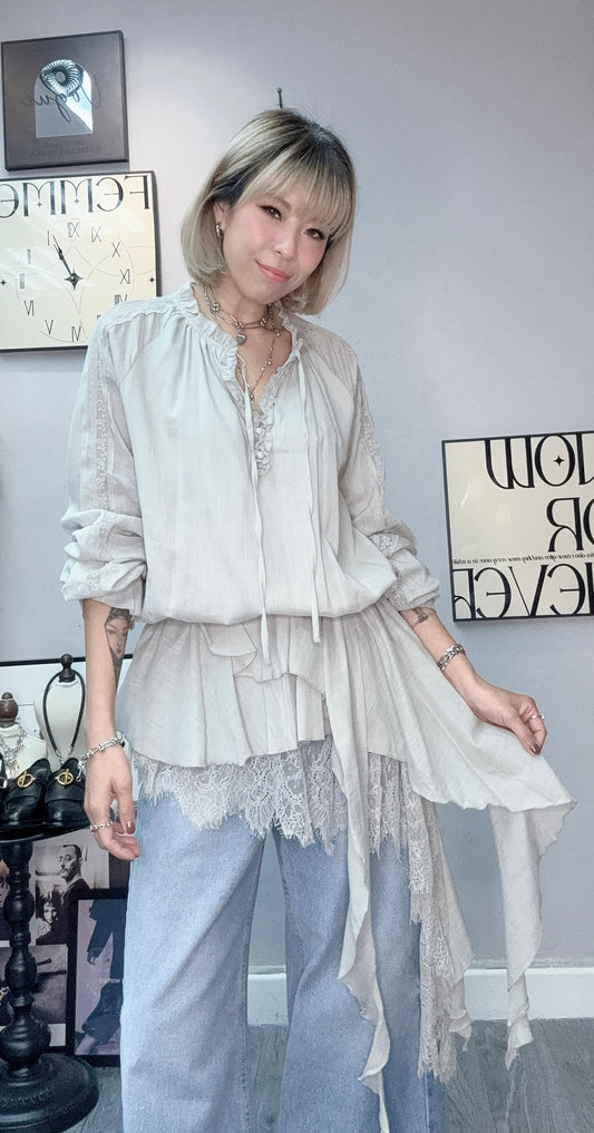 Lace trimmed sleeves short one piece #00350