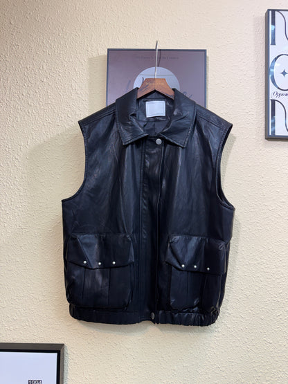 Silver beads pocket faux leather vest outer #01048
