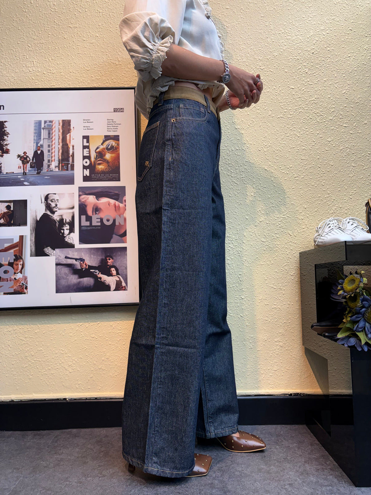 Camel color waist denim pants #00896