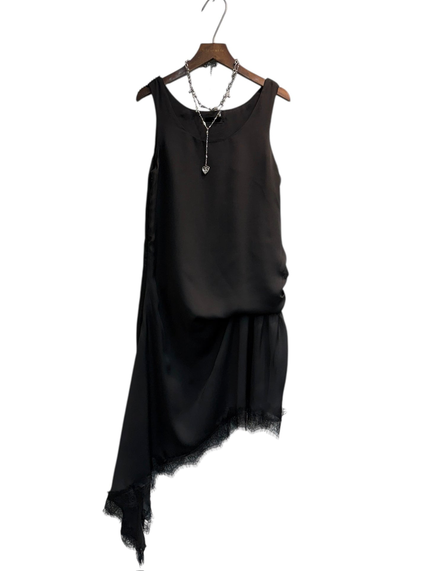Lace hem silky fabric short dress #00395