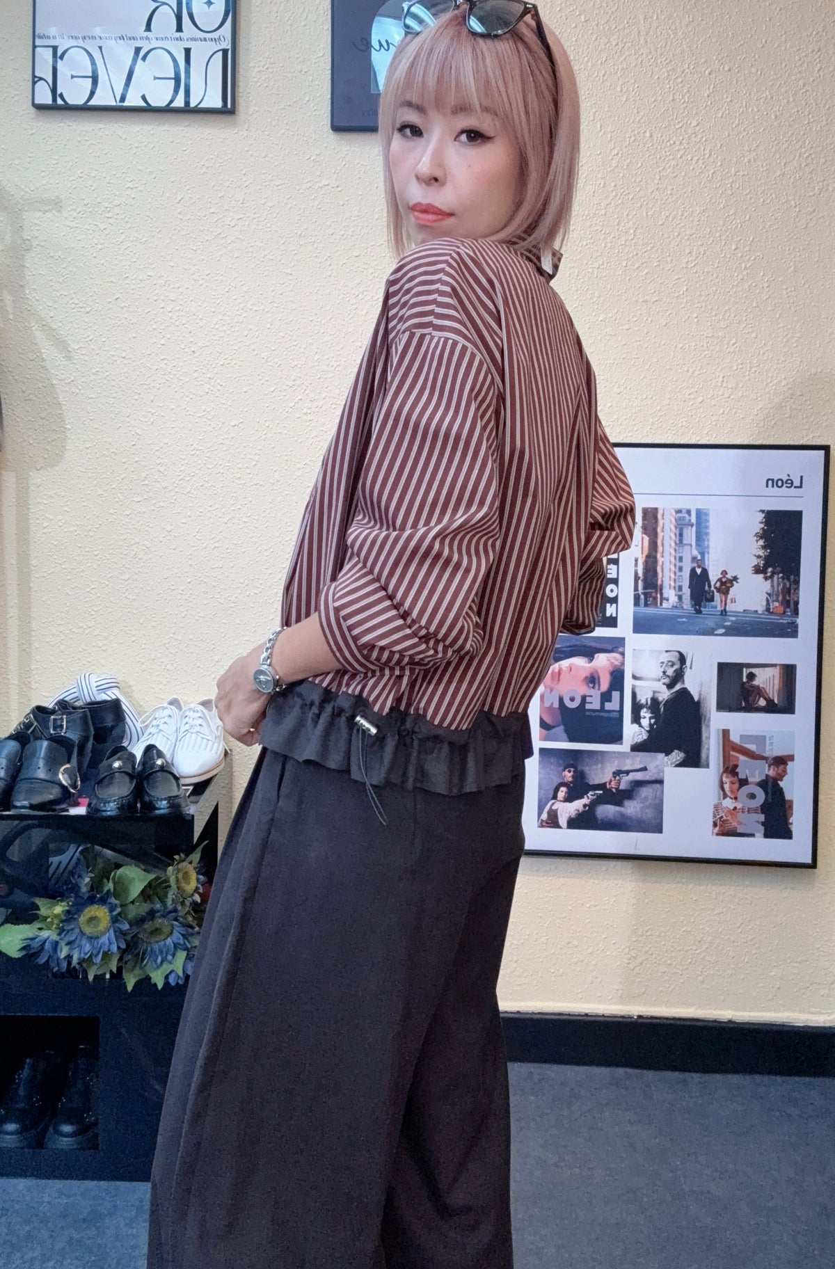 Striped puff hem shirt #00917
