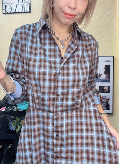 Checkered silky shirt collar one piece #00977