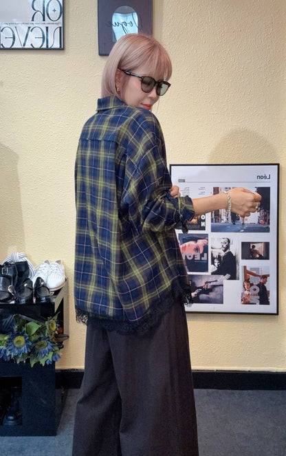 Checked loose lace hem shirt #00919