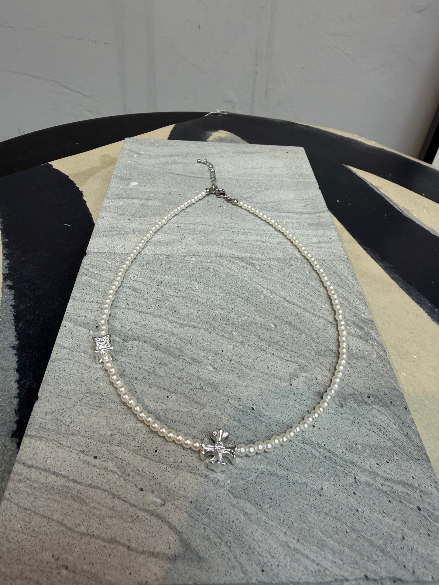Mini pearl cross necklace