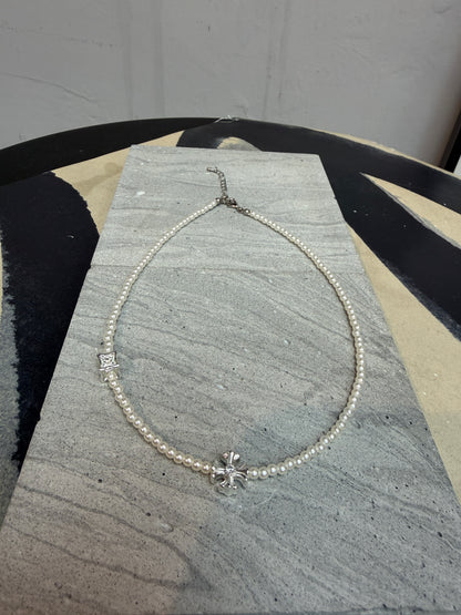 Mini pearl cross necklace
