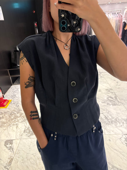 V neck front pleated sleeveless top #00812