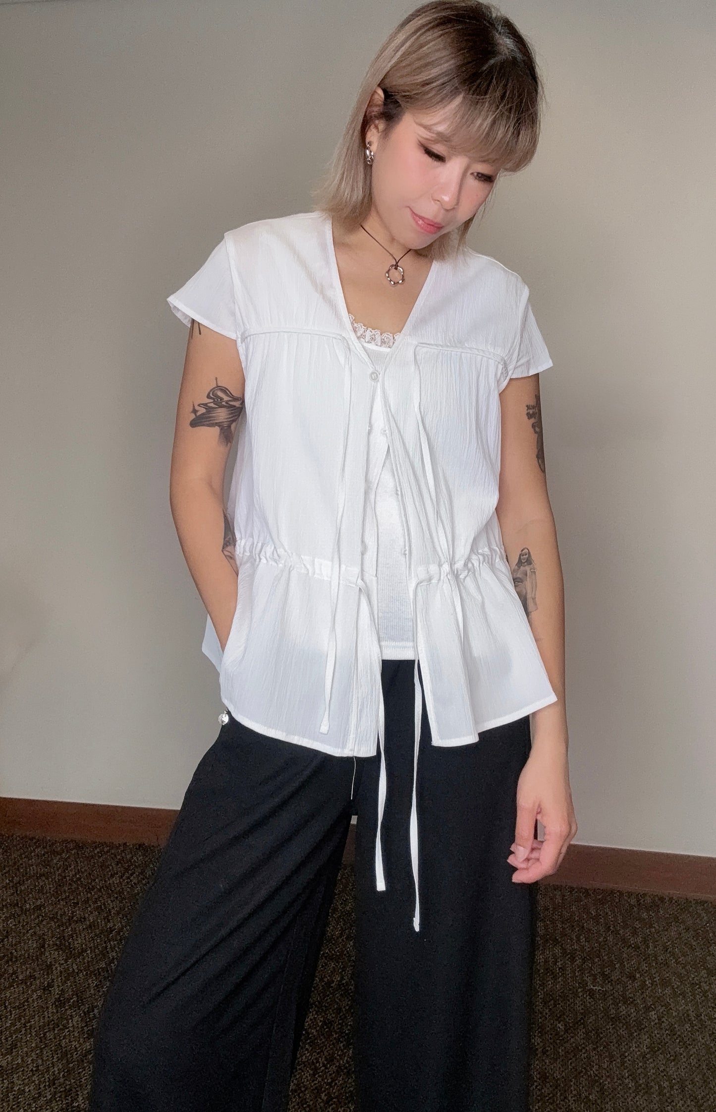 Crinkled fabric front button blouses#00518