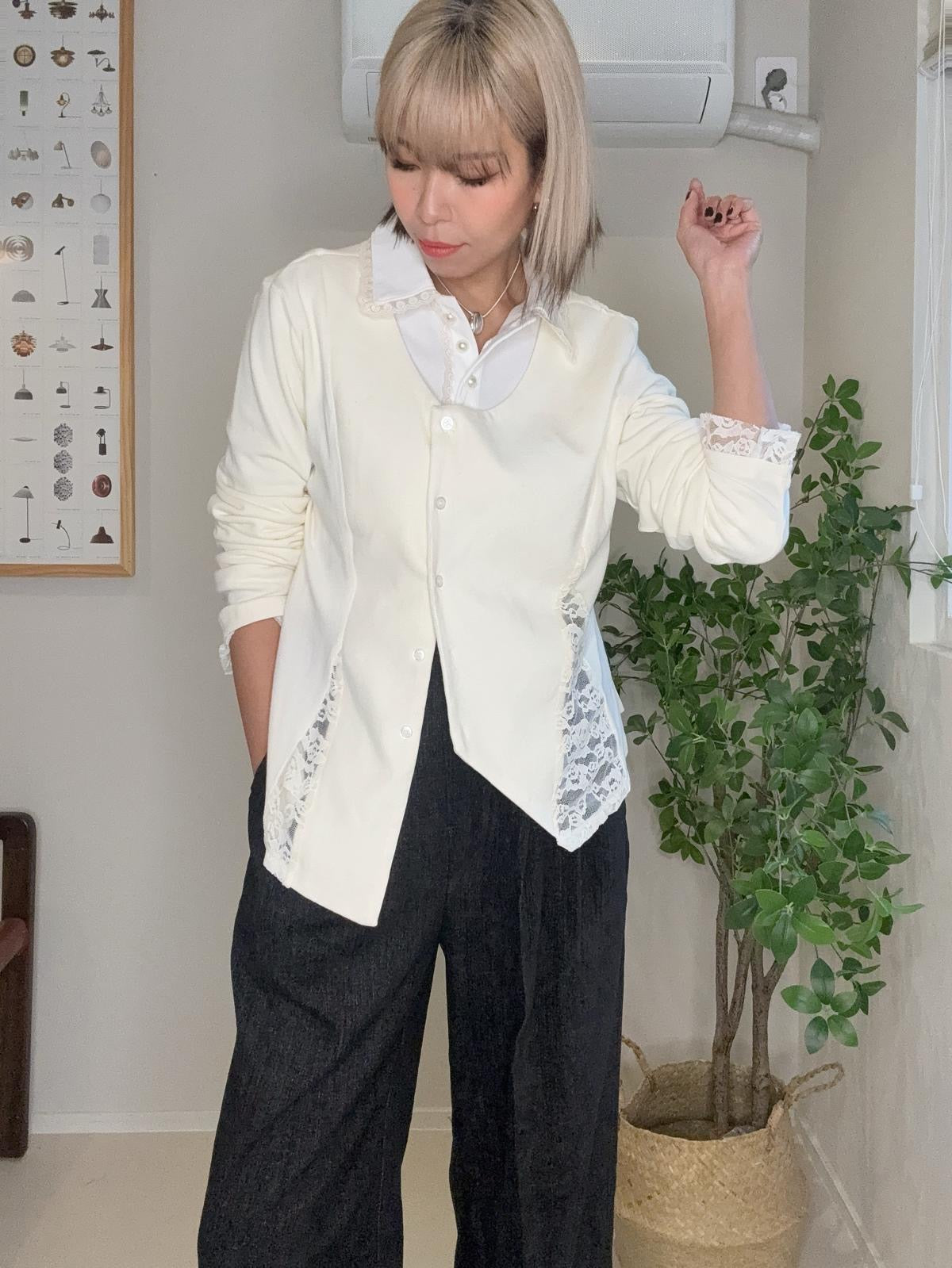 Pearl buttons polo lace collar top #00016