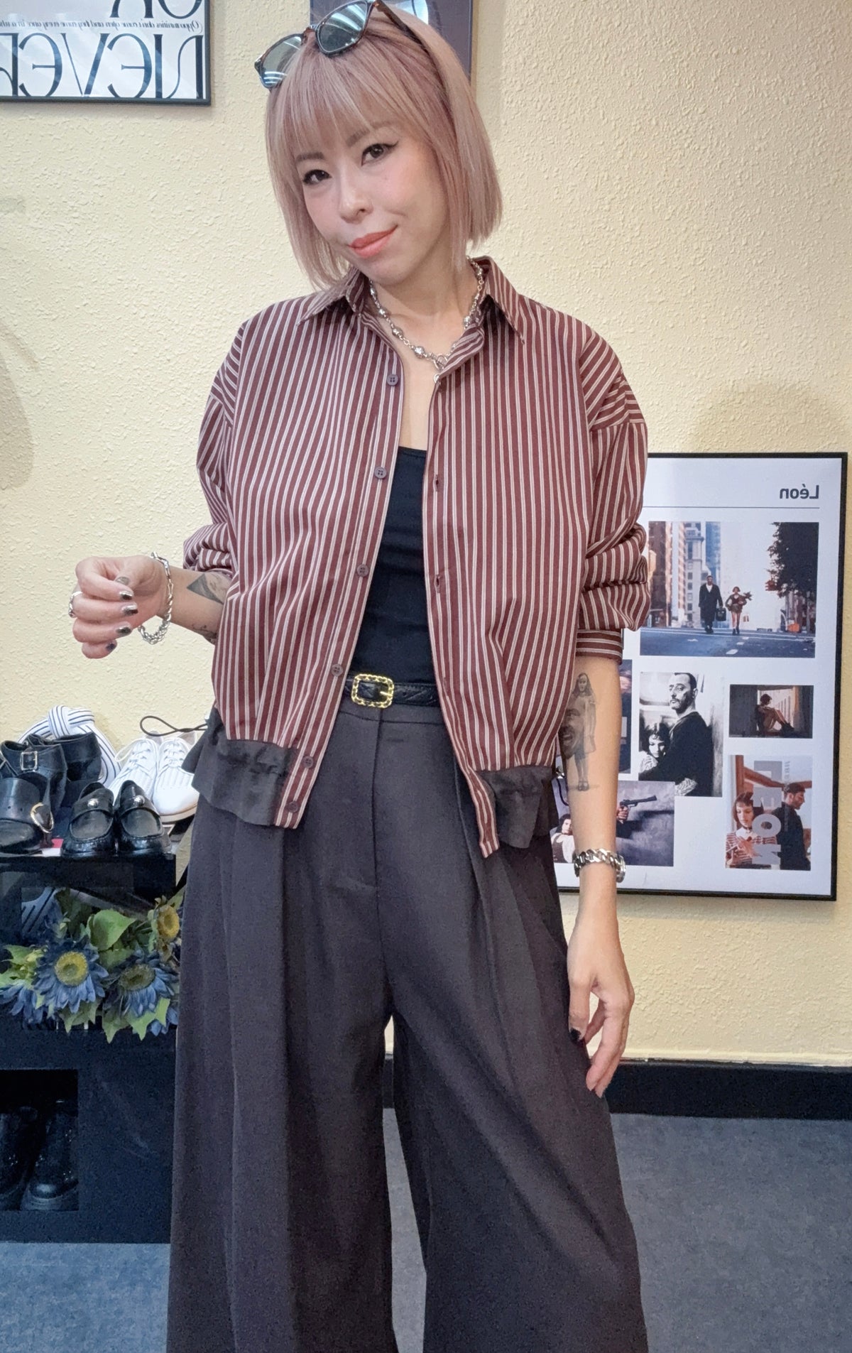 Striped puff hem shirt #00917