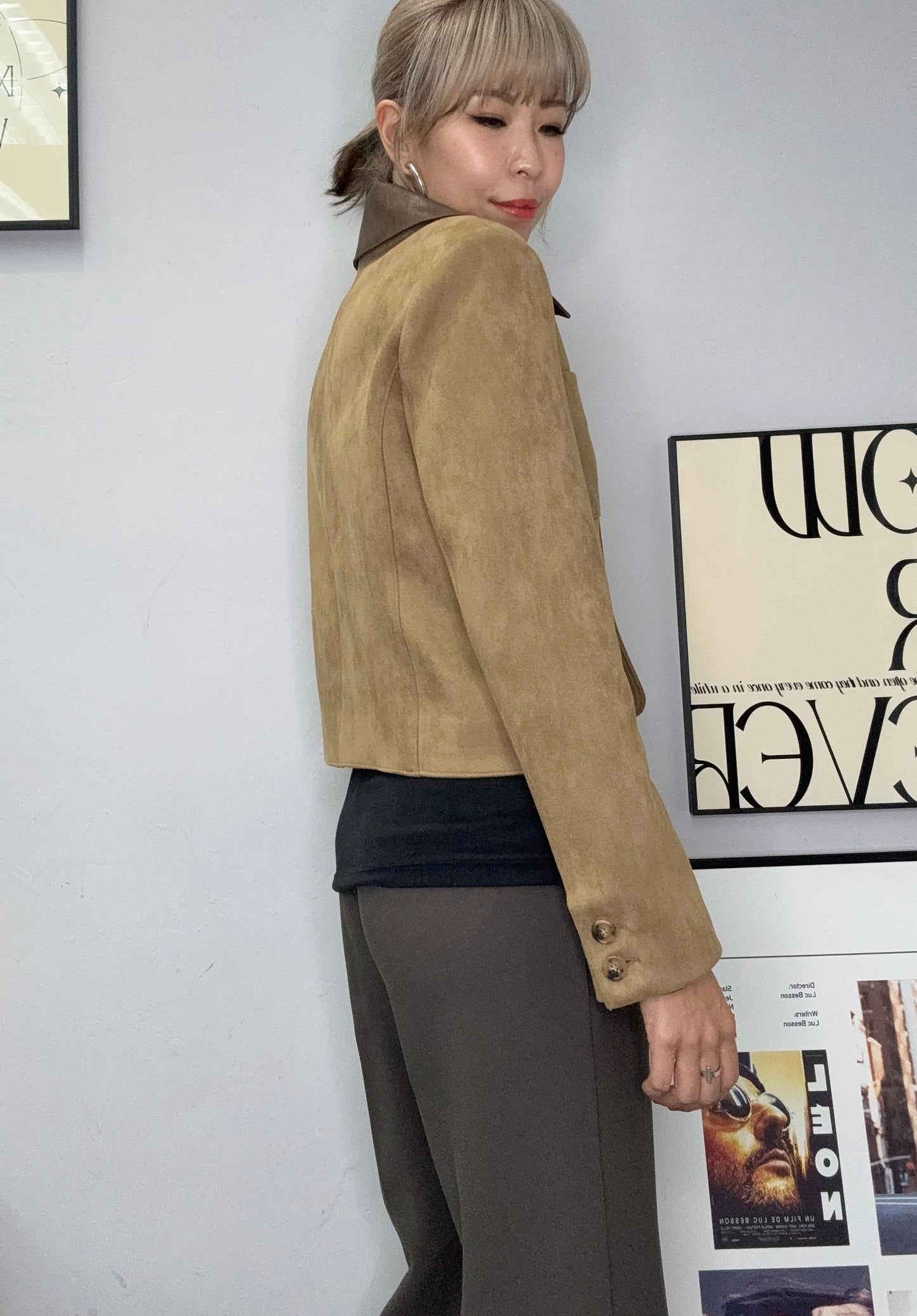 Leopard skin X fake leather collar jacket #00055